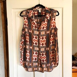 H&M sheer, sleveless, geometric print, button up blouse, size 12